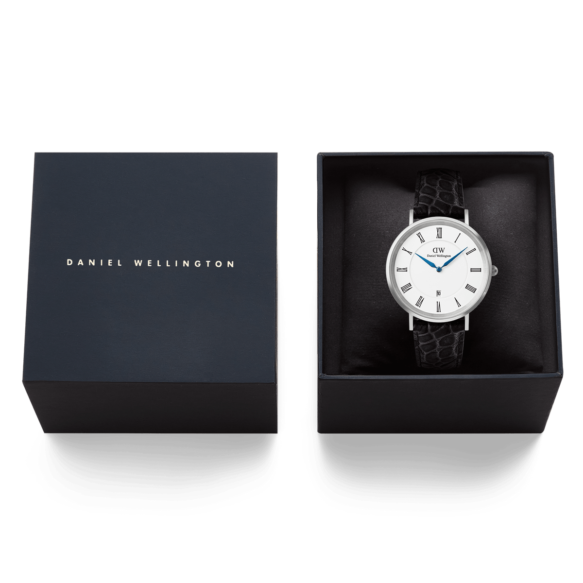 Classic Roman Numerals Date Black Croc Belly Silver