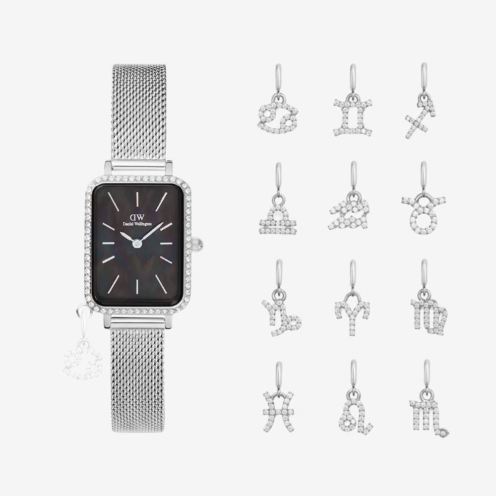Quadro Crystal Zodiac Sterling Watch & Watch Charm Silver