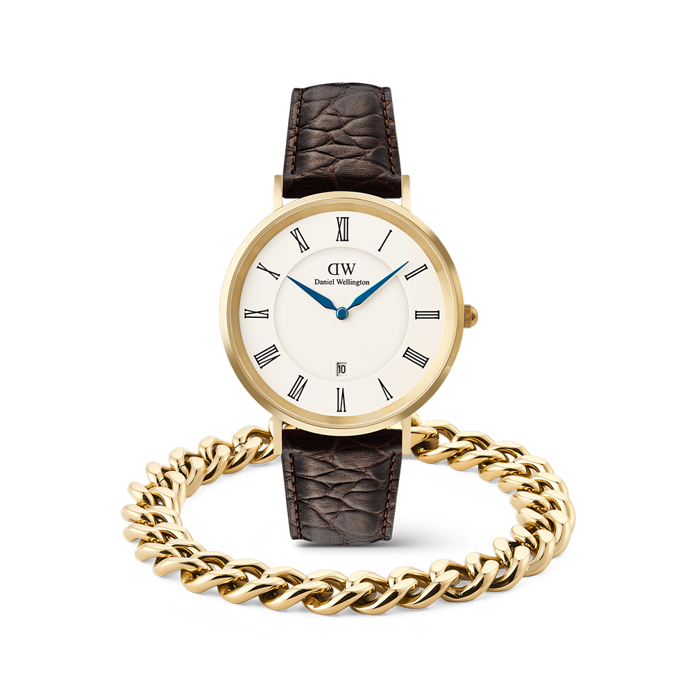 Classic Roman Numerals Date & Ellipse Cuban Chain Bracelet Gold