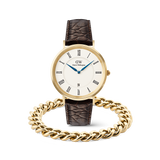 Classic Roman Numerals Date & Ellipse Cuban Chain Bracelet Gold