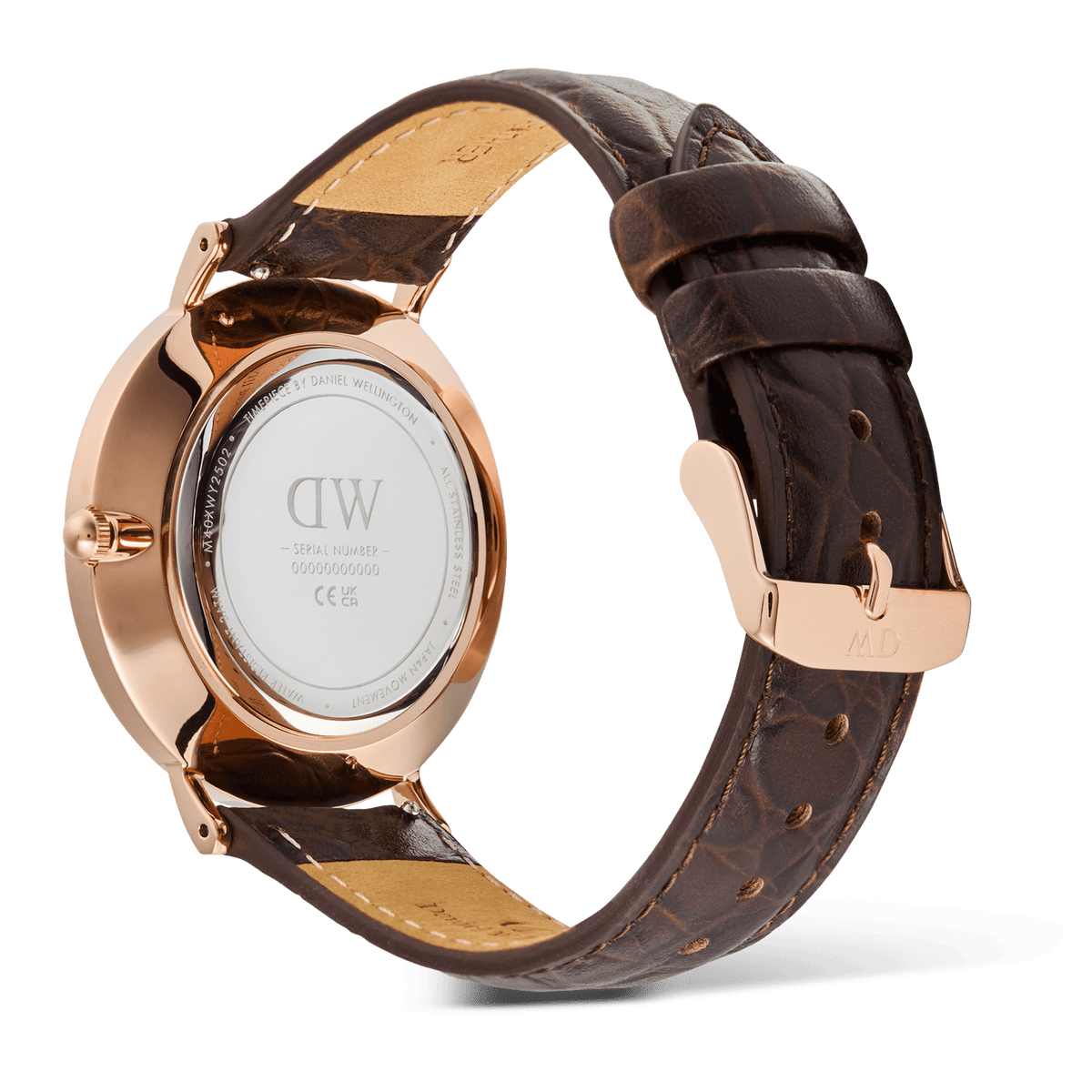Classic Roman Numerals Date Dark Brown Croc Belly Rose Gold