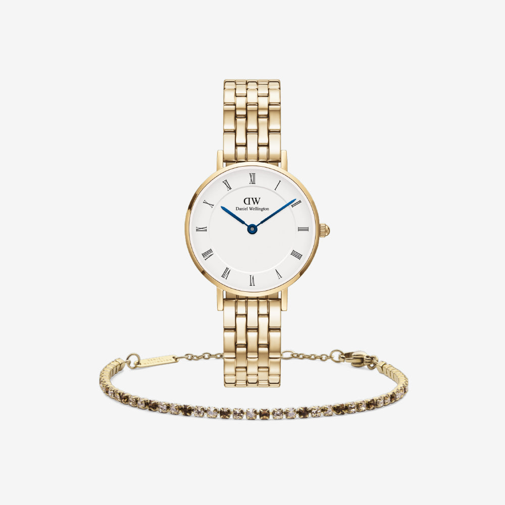 Classic Tennis Bracelet Honey Combo Gold & Petite Roman Numerals 5-Link Gold