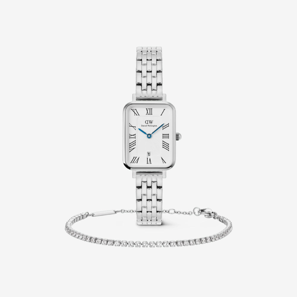 Classic Tennis Bracelet Silver & Quadro Roman Numerals Date 5-link Silver