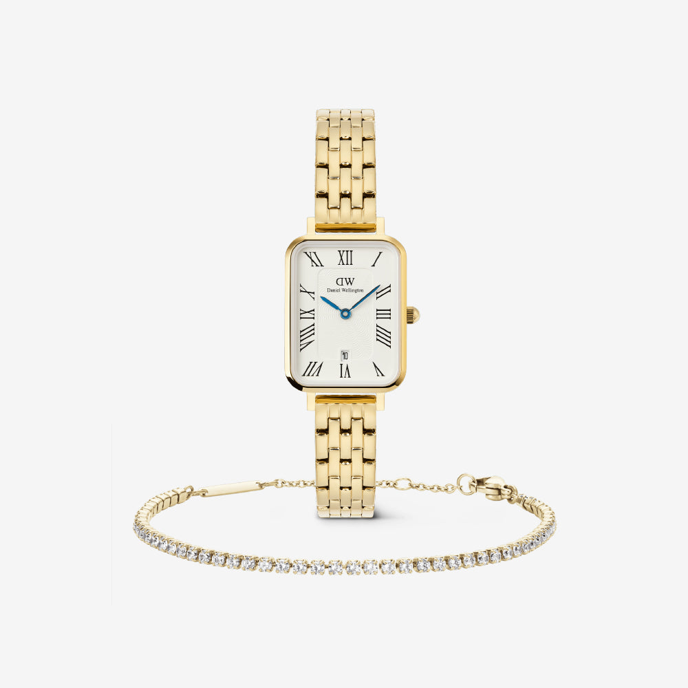 Classic Tennis Bracelet Gold & Quadro Roman Numerals Date 5-link Gold