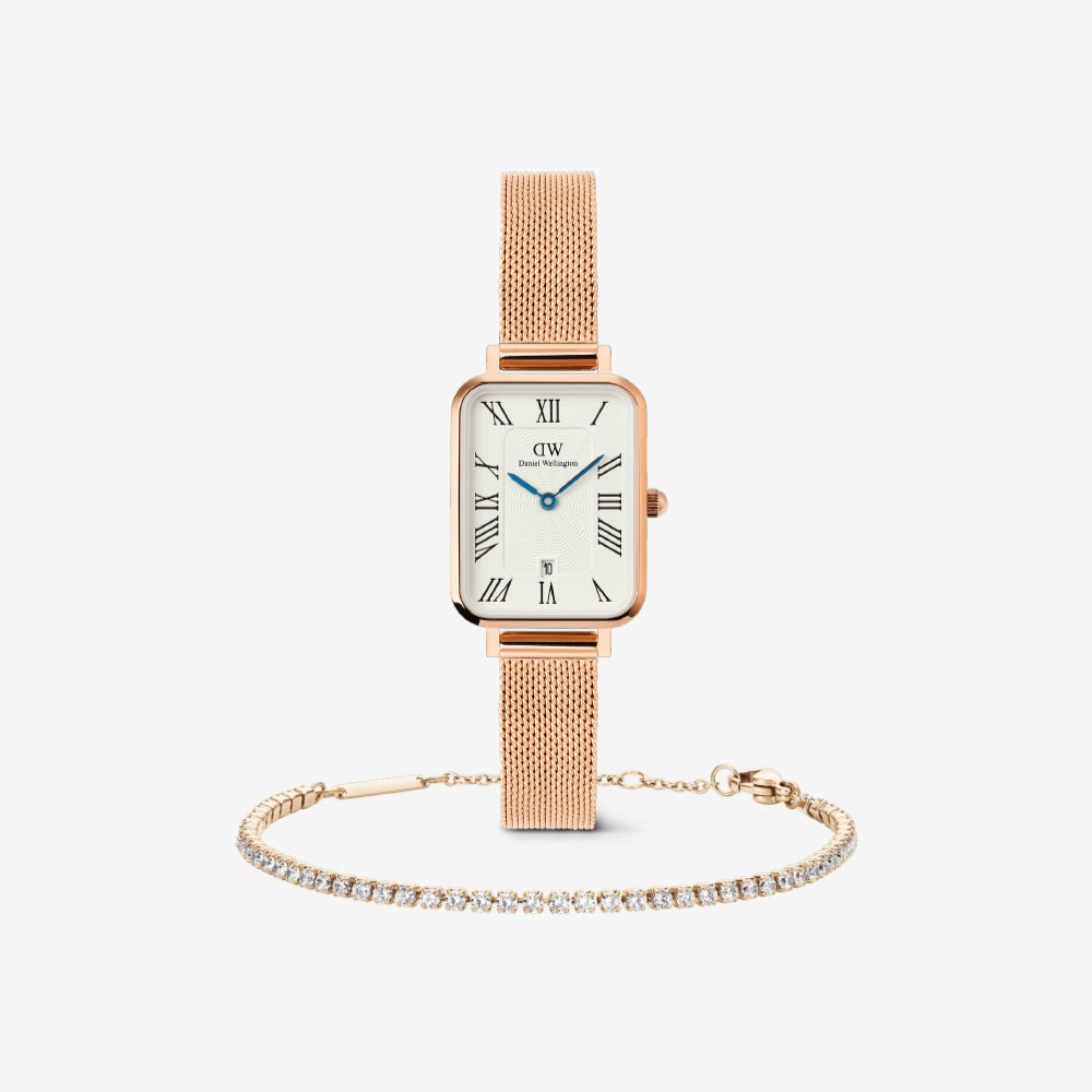 Classic Tennis Bracelet Rose Gold & Quadro Melrose Roman Numerals Date