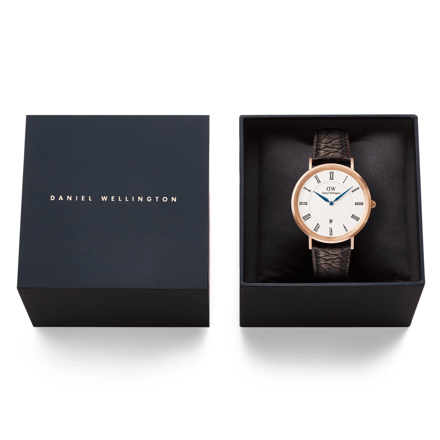 Classic Roman Numerals Date Dark Brown Croc Belly Rose Gold