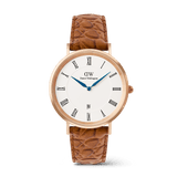 Classic Roman Numerals Date Light Brown Croc Belly Rose Gold
