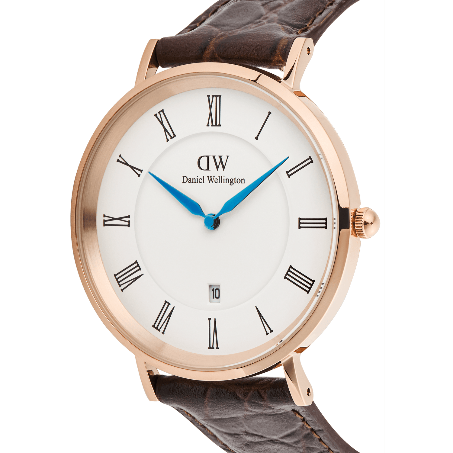 Classic Roman Numerals Date Dark Brown Croc Belly Rose Gold